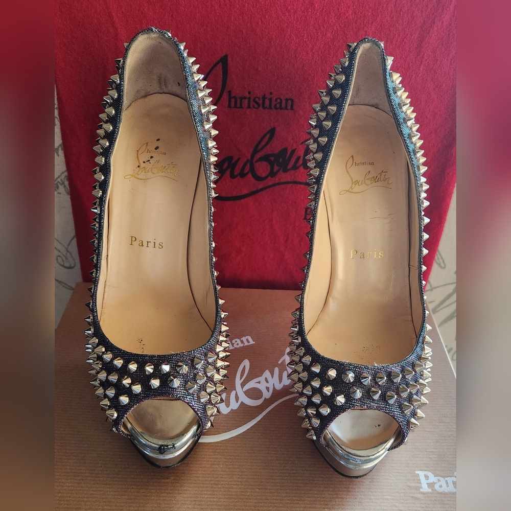 CHRISTIAN LOUBOUTIN Metallic Lame Lady Peep Spike Platform Pumps Size 37 - Picture 11 of 16